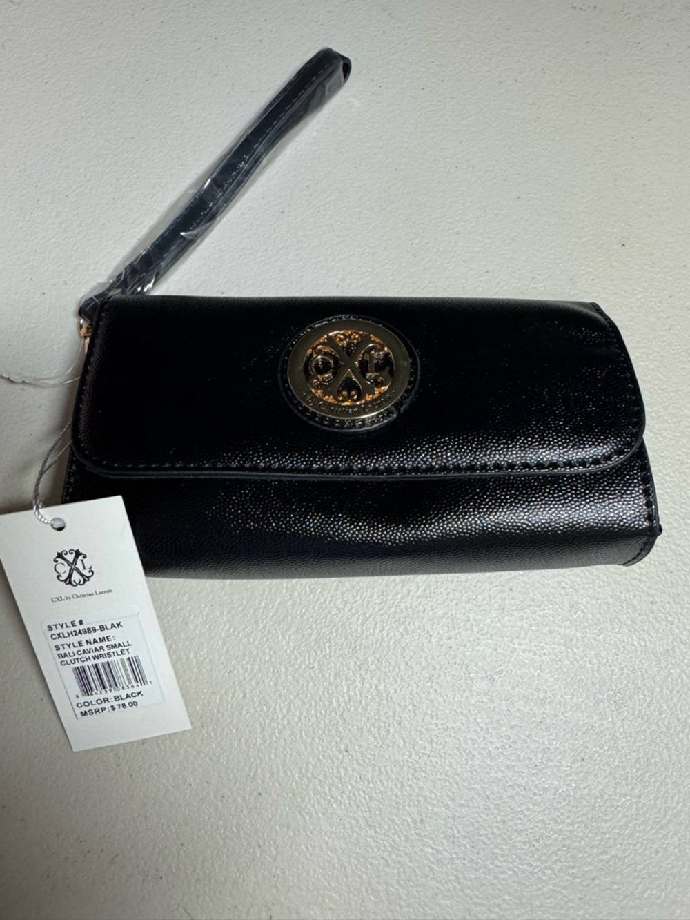 Christian Lacroix Black Wristlet Clutch with Gold Logo Medallion